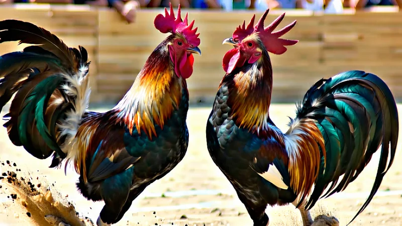 Hình ảnh hai chú gà chọi đang giao đấu trên sàn, thu hút người xem và người đặt cược tại 789win.