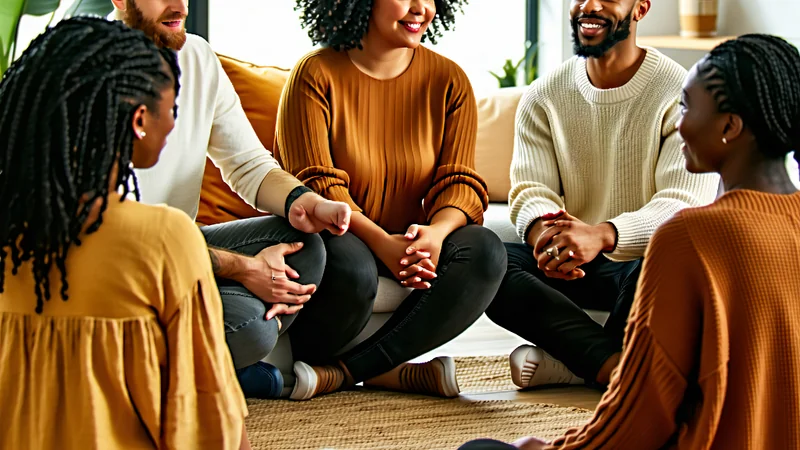 Hình ảnh một nhóm người đang tham gia buổi trị liệu hoặc hỗ trợ cộng đồng, thể hiện sự đoàn kết và hy vọng.