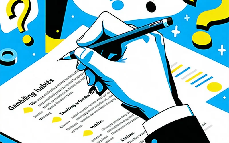 Hình ảnh minh họa một người đang tự đánh giá, với các câu hỏi về thói quen cờ bạc.